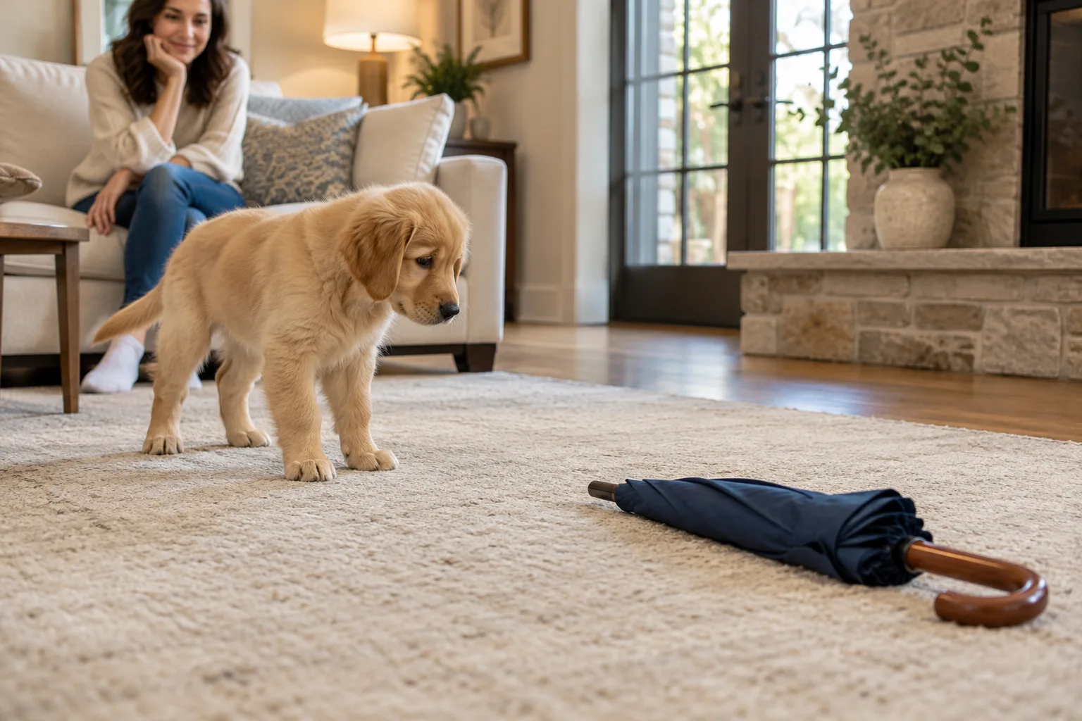 Golden puppy looking at a folded navy umbrella on a rug with a woman seated behind it