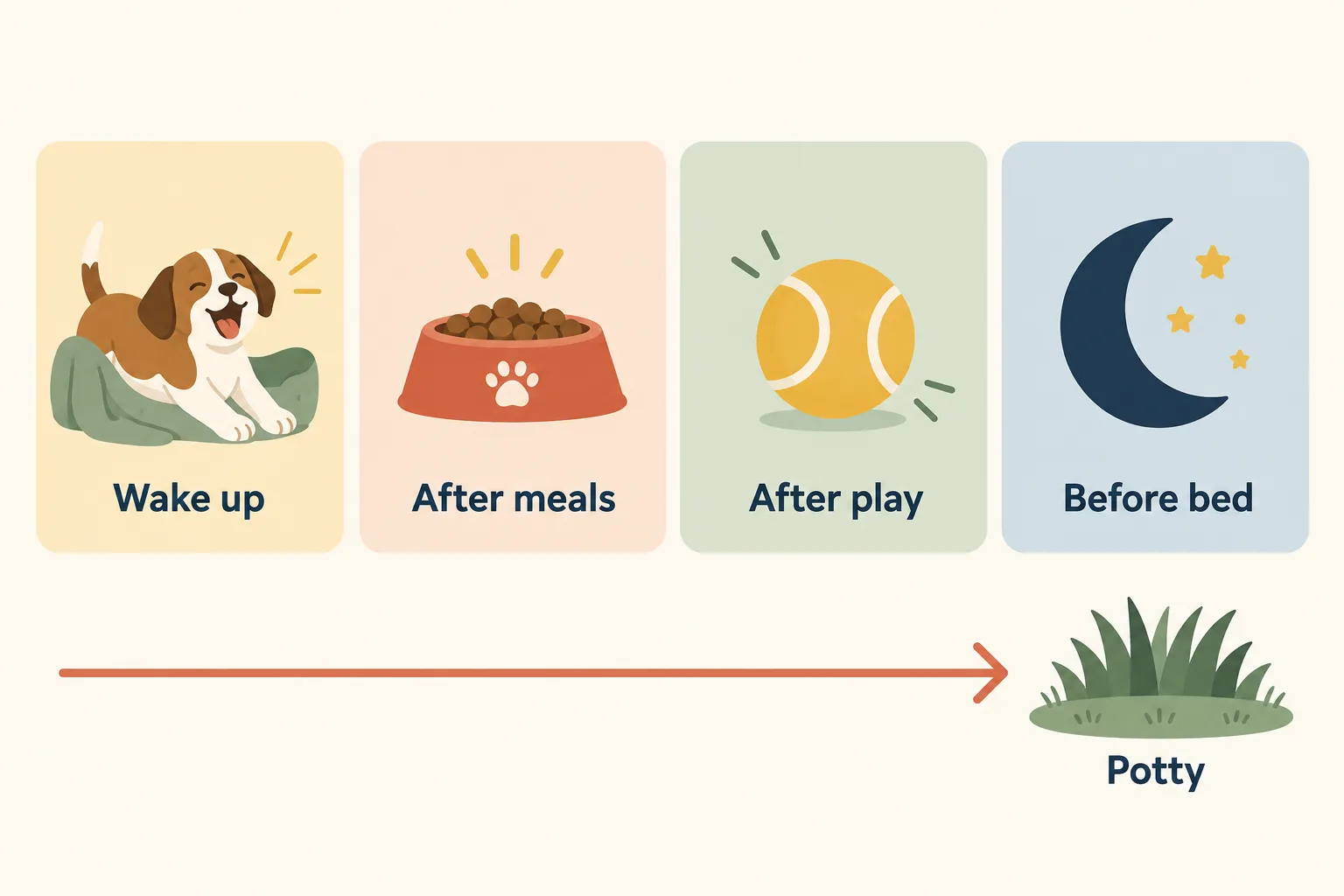 Infographic of four potty moments, wake up, after meals, after play and before bed, all pointing to a grass potty spot