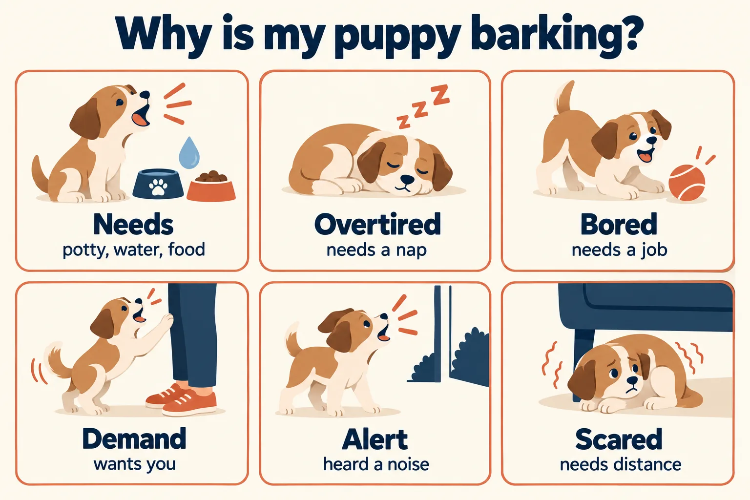 Infographic titled Why is my puppy barking with six cards: Needs, Overtired, Bored, Demand, Alert and Scared, each with a short reason