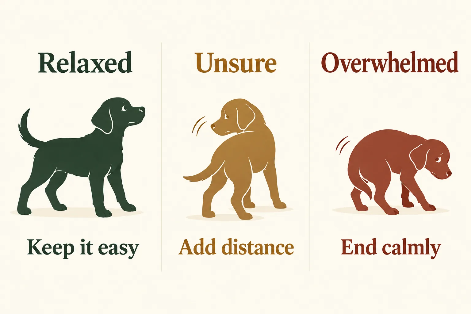 Puppy silhouettes labeled Relaxed, Unsure and Overwhelmed with actions Keep it easy, Add distance and End calmly