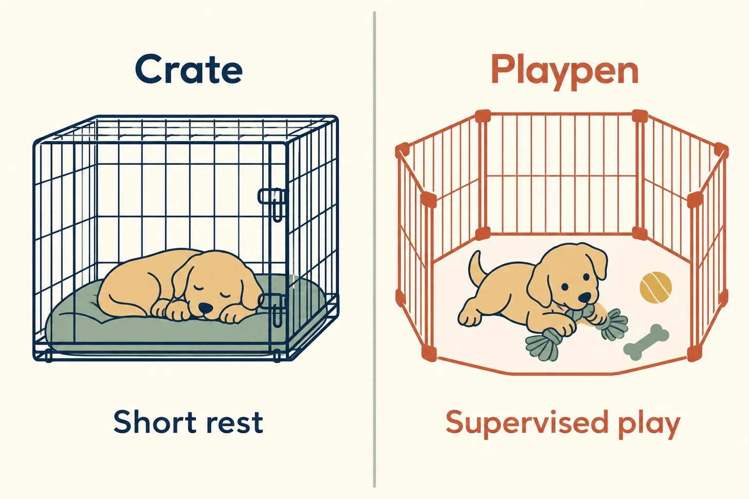 Side by side drawing: a puppy asleep on a bed in a wire crate labeled Crate, Short rest, and a puppy chewing a ball in a playpen labeled Playpen, Supervised play