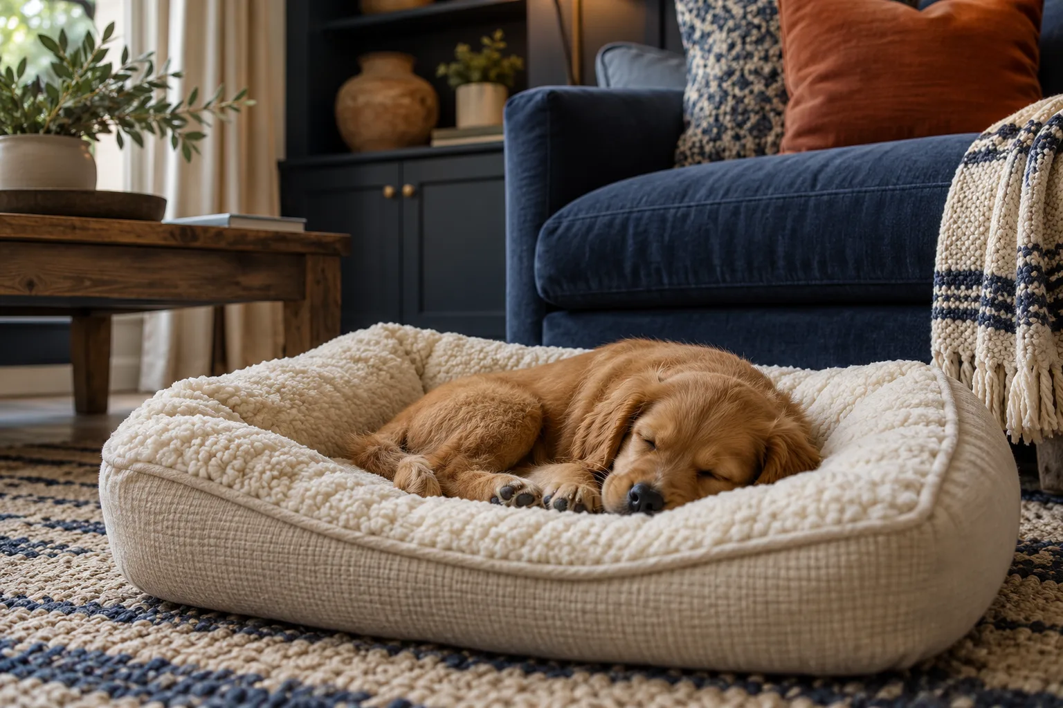 Small golden puppy asleep on a cream dog bed beside a navy sofa