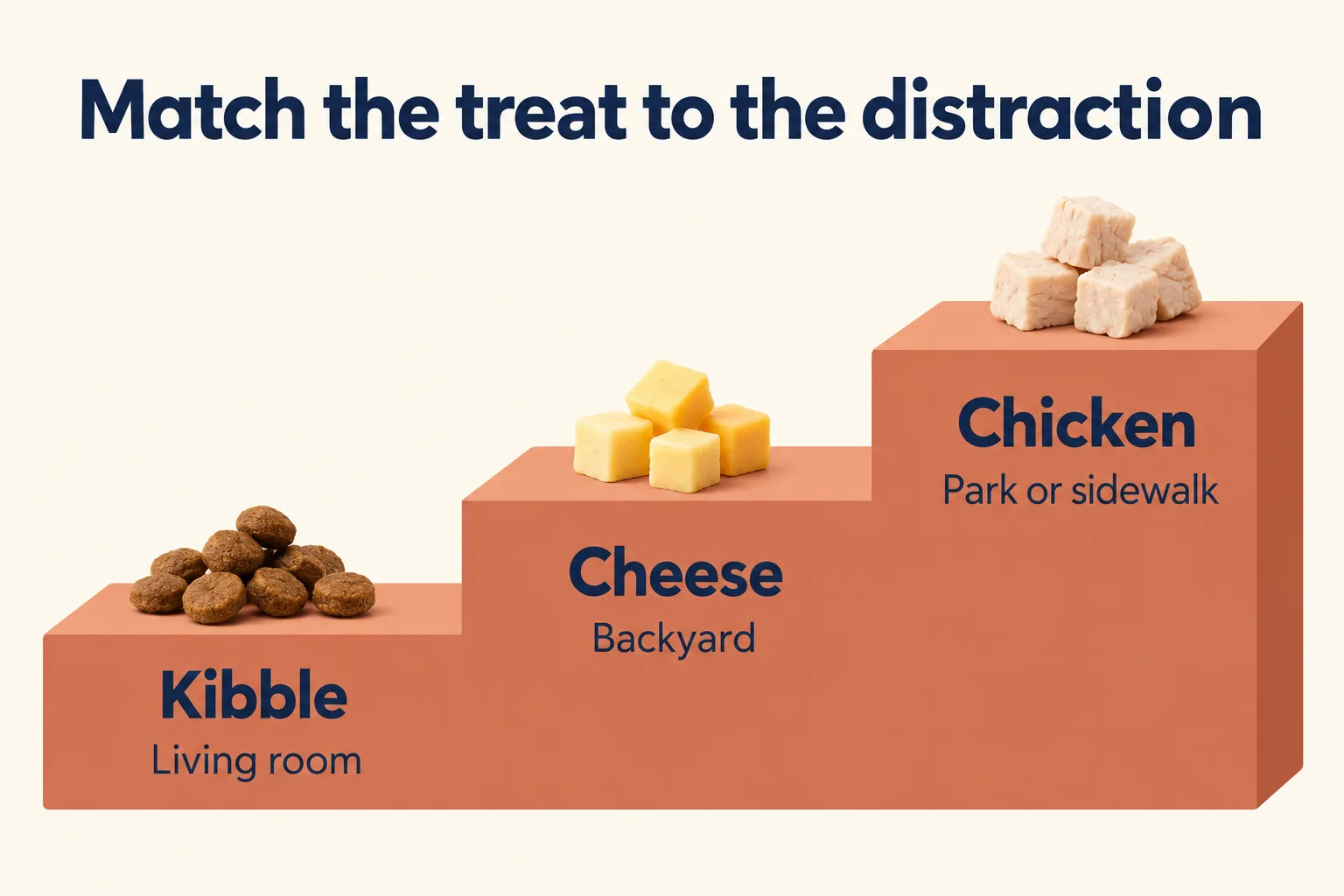 Staircase chart: Kibble for the living room, Cheese for the backyard, Chicken for the park or sidewalk