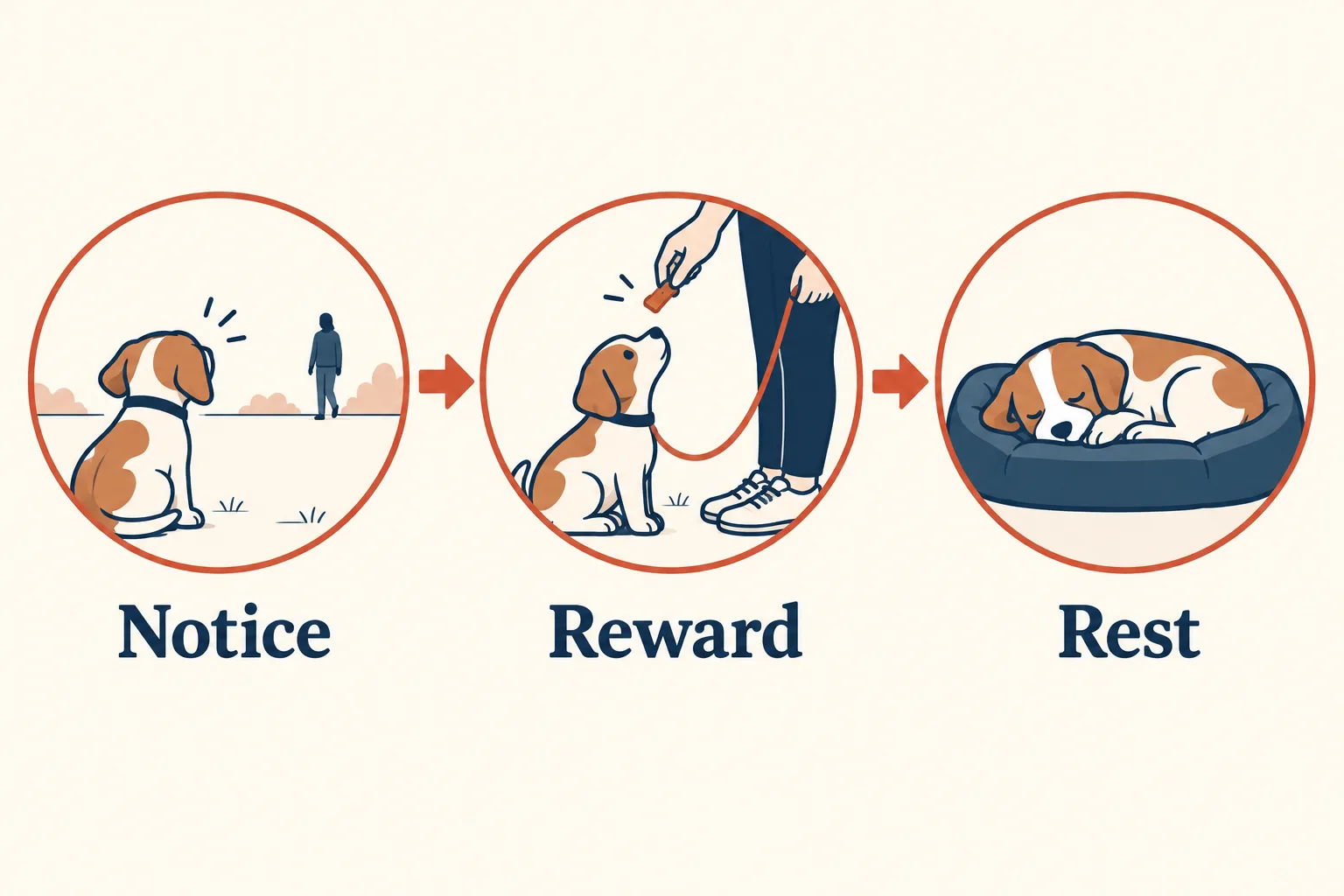 Three illustrated panels labeled Notice, Reward and Rest with arrows between them