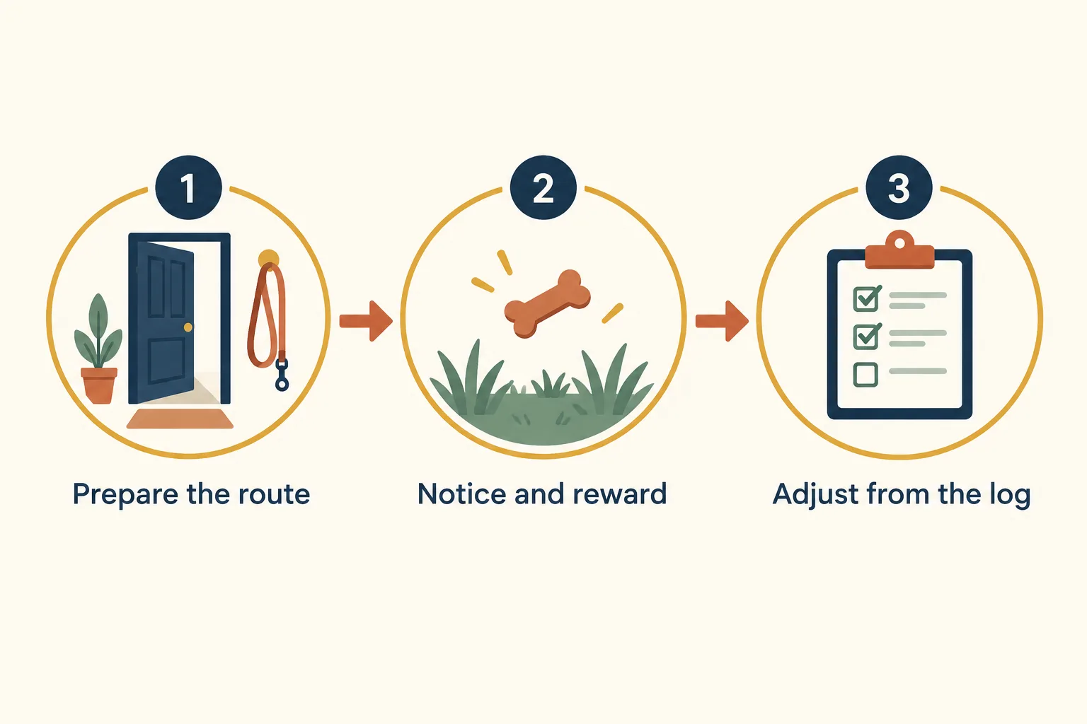 Three step diagram: prepare the route, notice and reward, adjust from the log