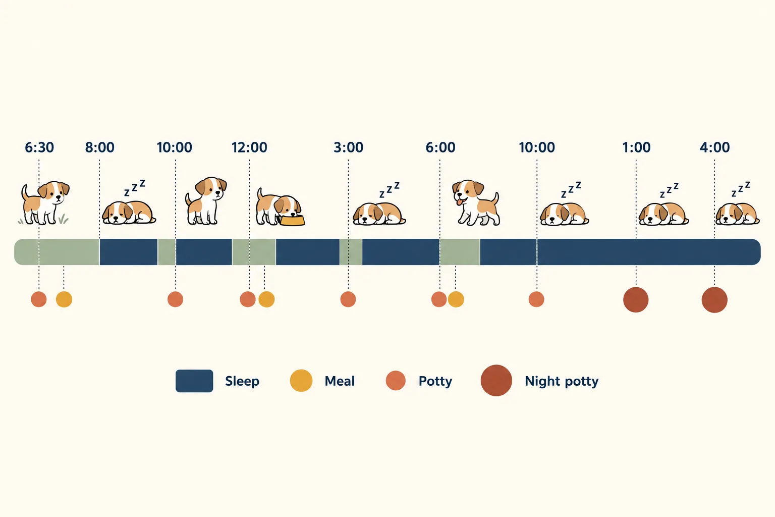Timeline of a 10 week old puppy day from 6:30 am to 4:00 am with navy sleep blocks, mustard meal dots, terracotta potty dots and larger night potty dots at 1:00 and 4:00