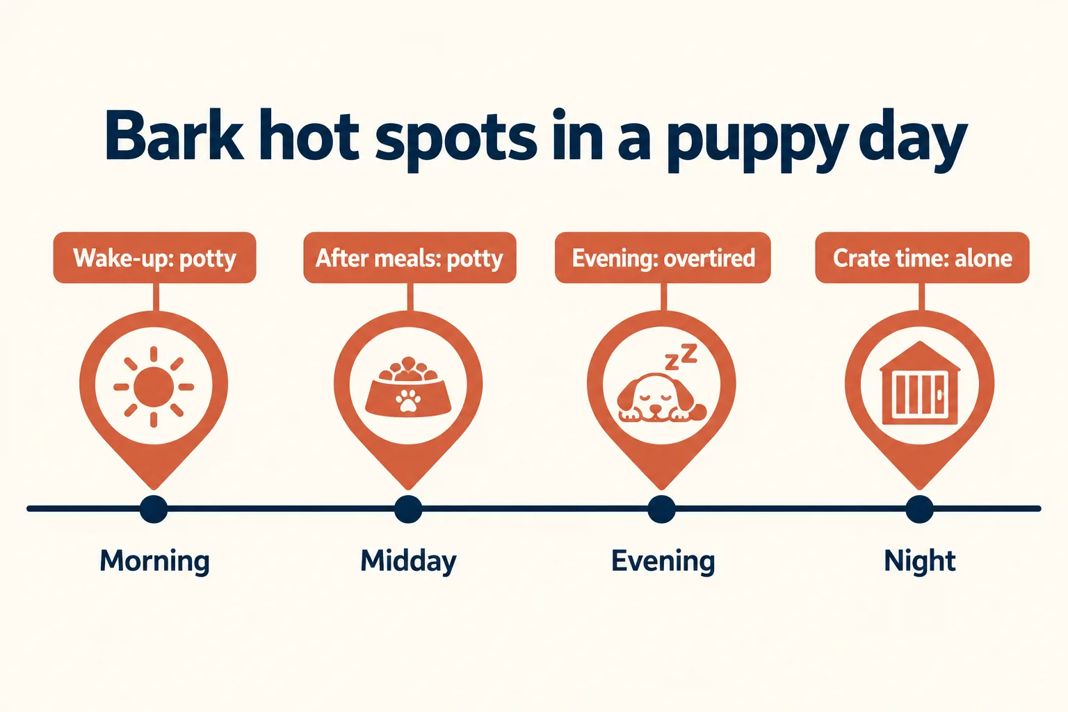 Timeline titled Bark hot spots in a puppy day: wake-up potty in the morning, after meals potty at midday, overtired in the evening, crate time alone at night