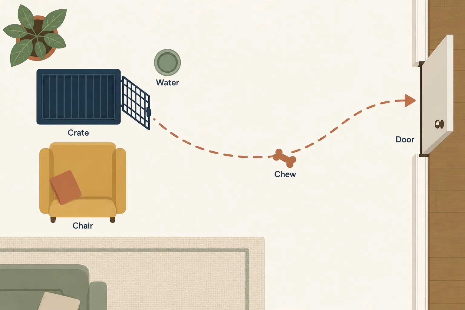 Top-down floor plan of a crate corner: crate with open door, water bowl, chair beside the opening, chew toy and a dashed path to the door