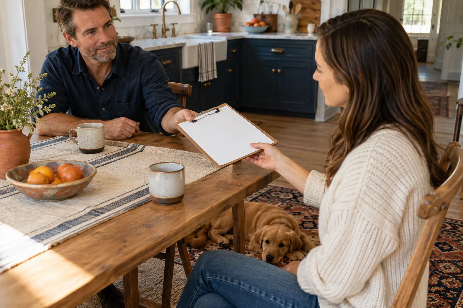 Two adults pass a clipboard with blank paper across a kitchen table while a golden puppy rests underneath