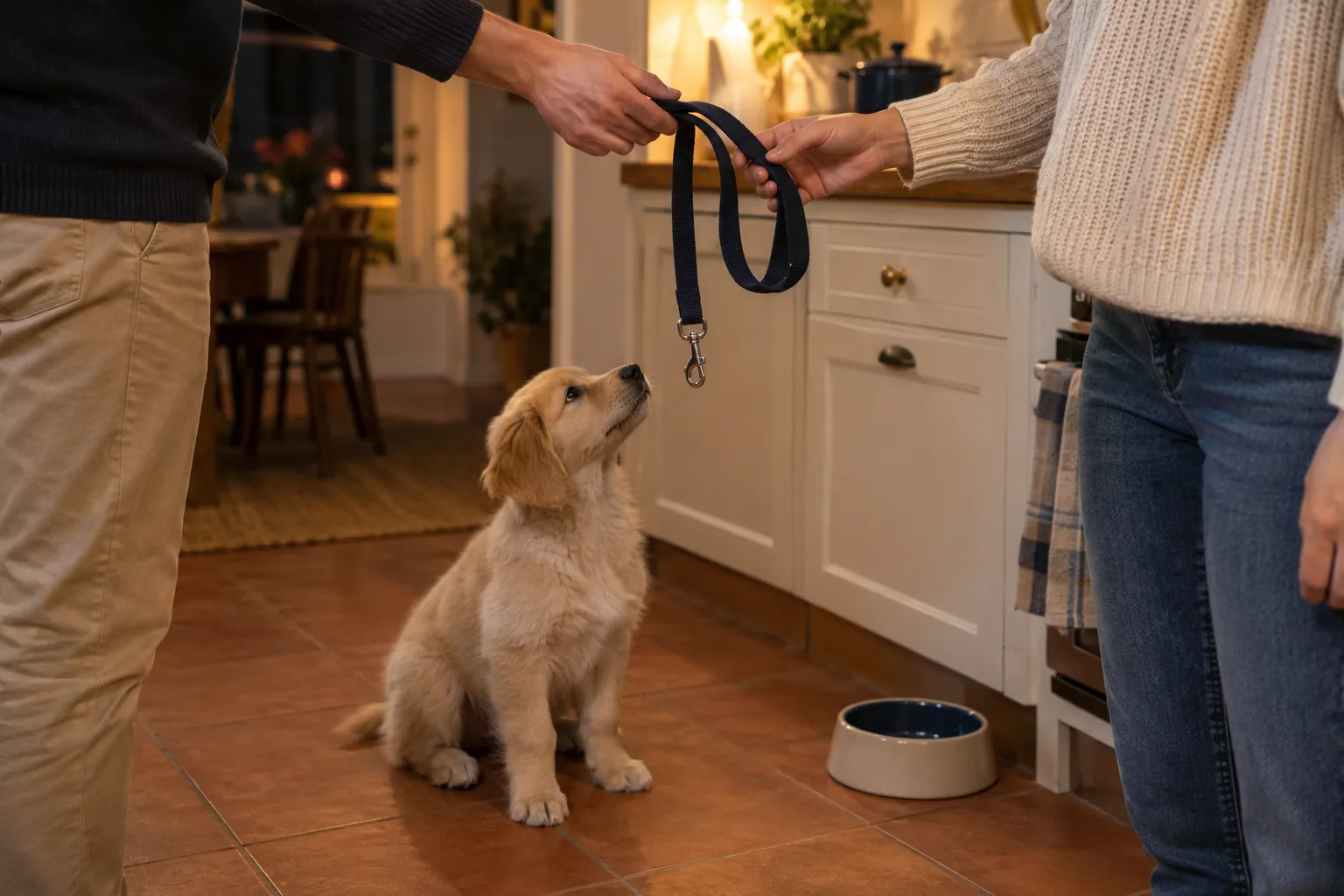 Two people in a warmly lit kitchen passing a navy lead between them while a golden puppy sits on the tile floor looking up, a water bowl nearby