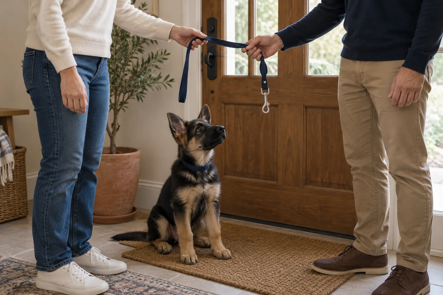 Two people pass a navy leash between them at a front door while a German Shepherd puppy sits on the doormat looking up