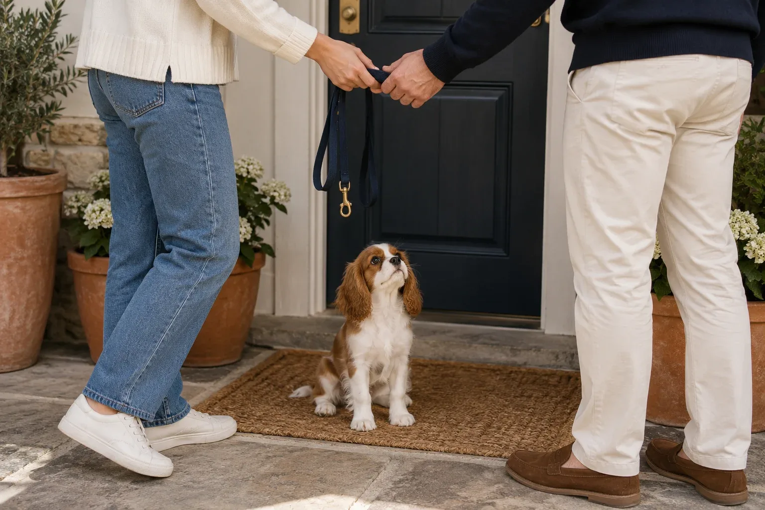 Two people pass a navy leash between them at a front door while a small Cavalier King Charles puppy sits on the doormat looking up