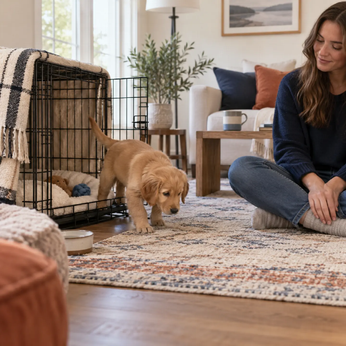 Young puppy exploring an open crate beside a seated adult